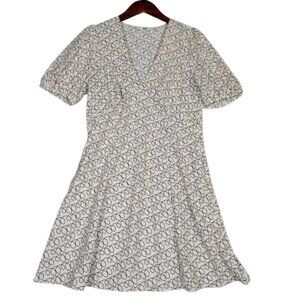 Uniqlo Mini Dress Women's Medium Off White Black Printed V-Neck Short Sleeve